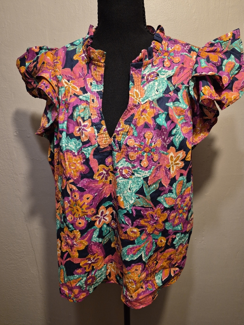 Jennifer & Grace 100% Cotton Floral Ruffle Flutter Sleeve Top Large New